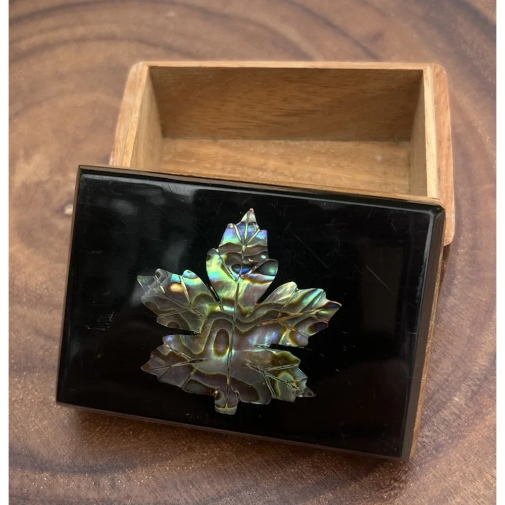 Wood Trinket Jewelry Box Abalone Mother of Pearl Maple Leaf Inlay Lacquer Lid